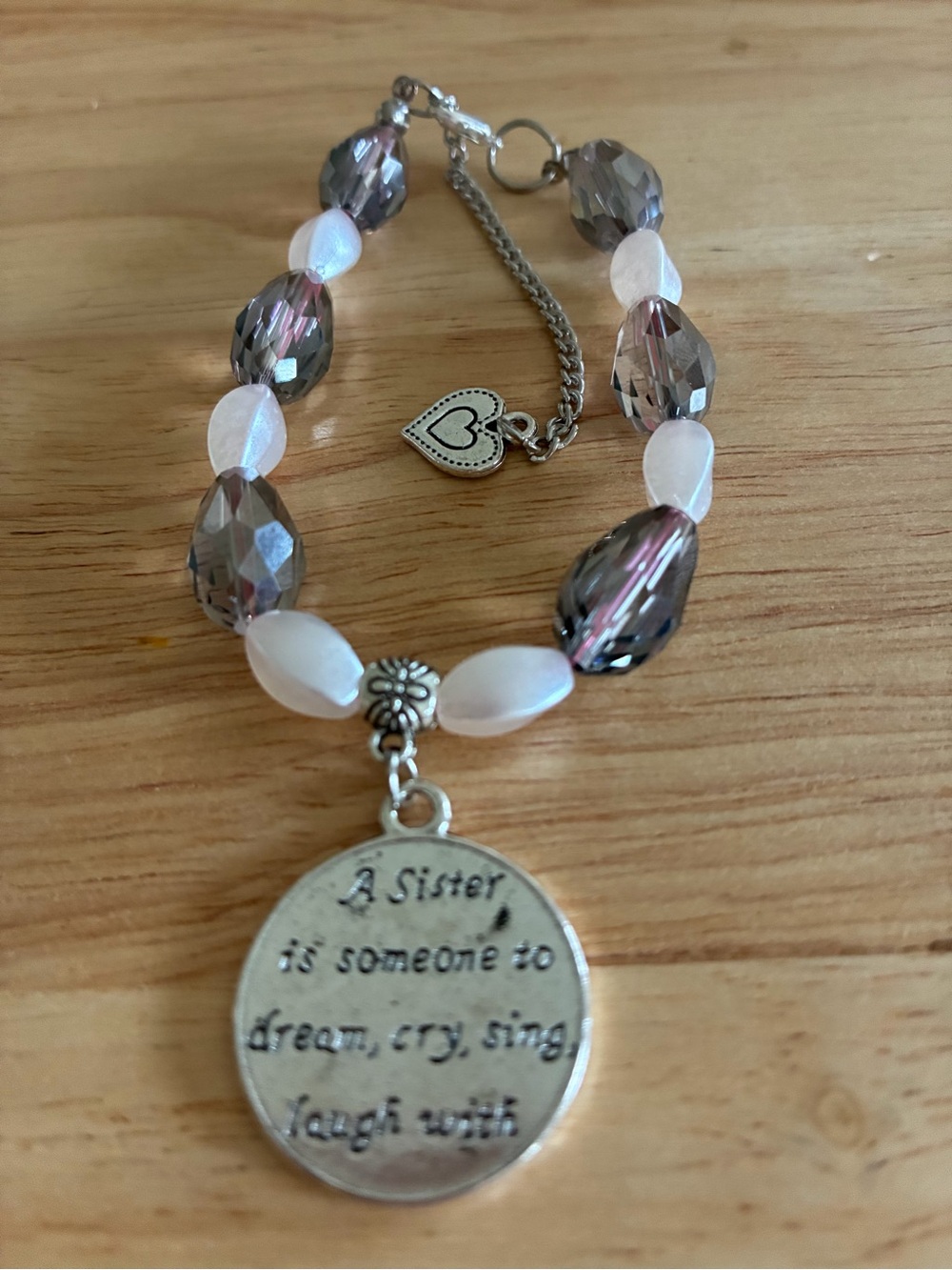 Handmade Heart Charm white and Gray Beaded Sister Bracelet